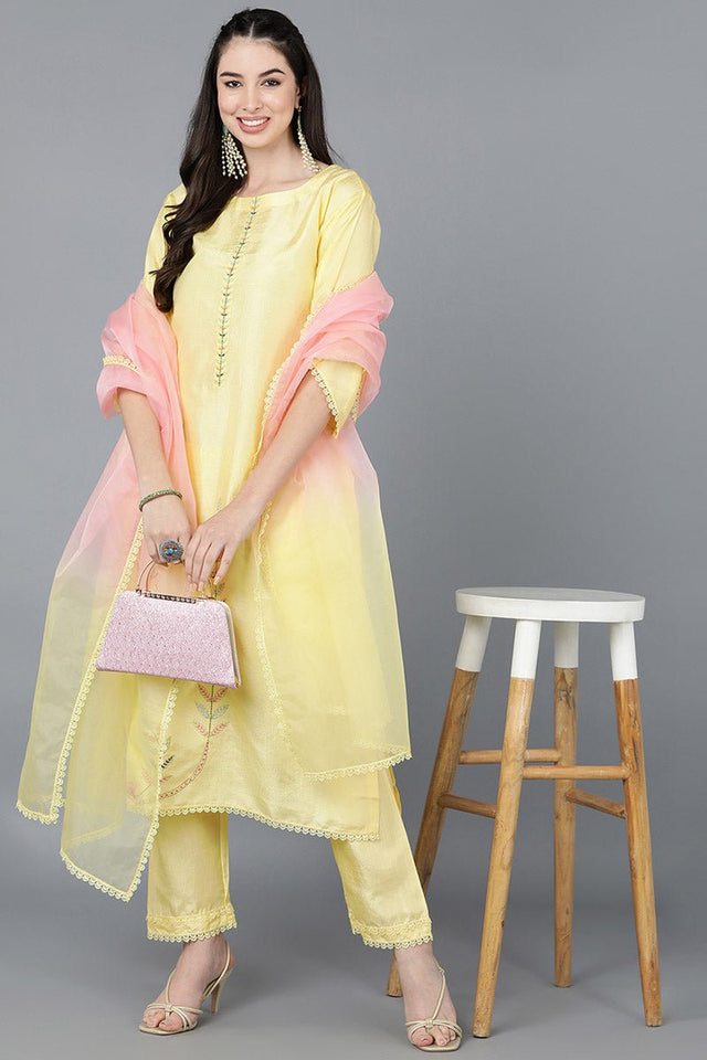 Yellow Poly Silk Straight Kurti Pant With Dupatta