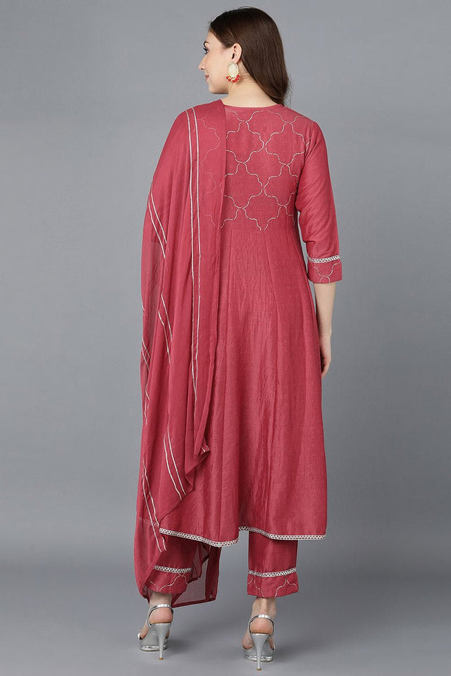 Red Poly Silk Embroidered Kurti Pant Set