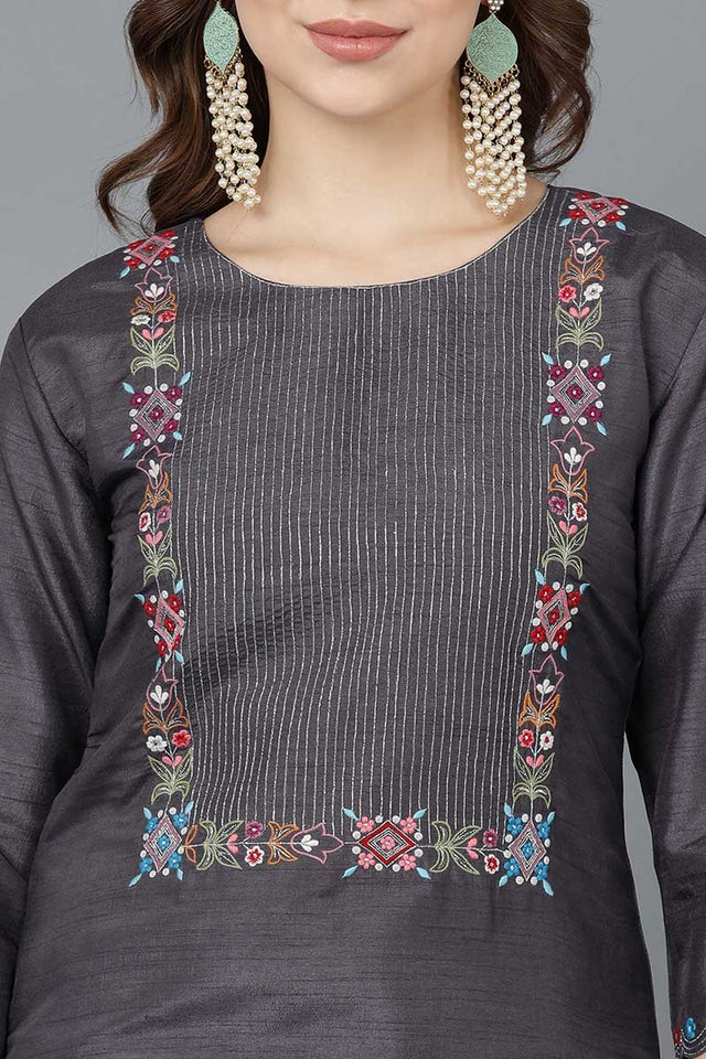 Charcoal Poly Silk Embroidered Kurti Pant Set
