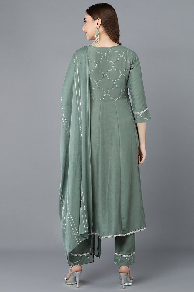 Teal Poly Silk Embroidered Kurti Trousers With Dupatta
