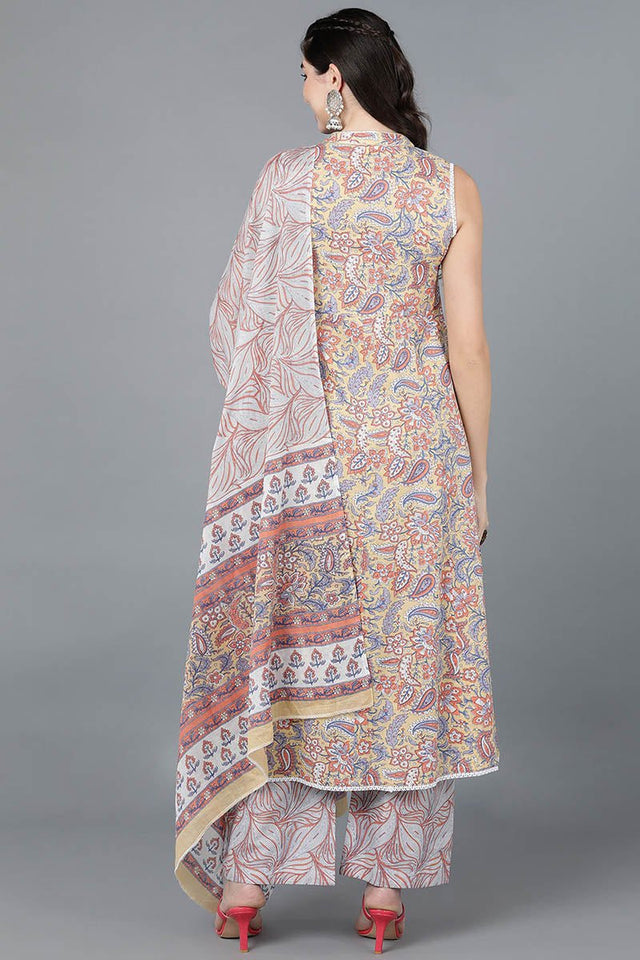 Yellow Cotton Flared Kurti Palazzo With Dupatta