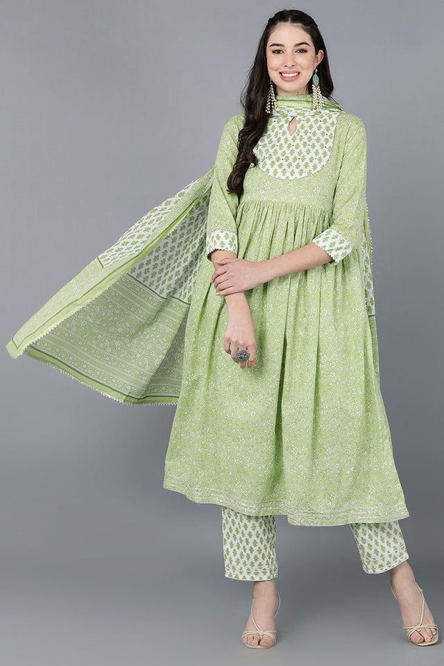 Light Green Cotton Flared Kurti Pant With Dupatta
