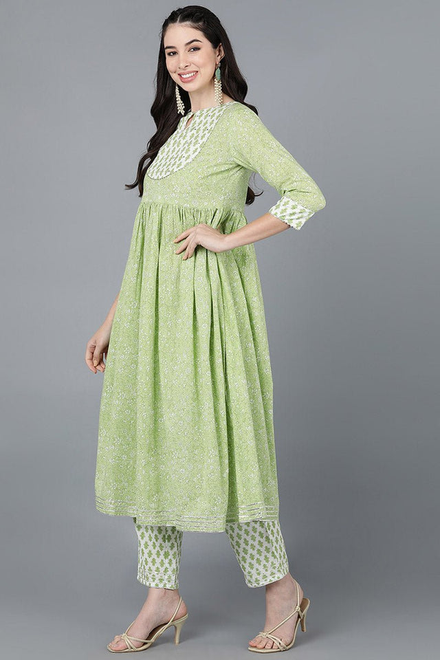 Light Green Cotton Flared Kurti Pant With Dupatta