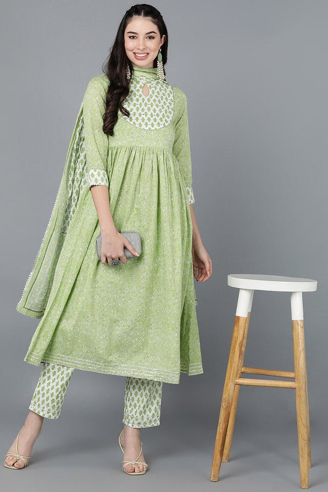 Light Green Cotton Flared Kurti Pant With Dupatta