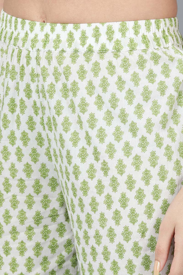 Light Green Cotton Flared Kurti Pant With Dupatta