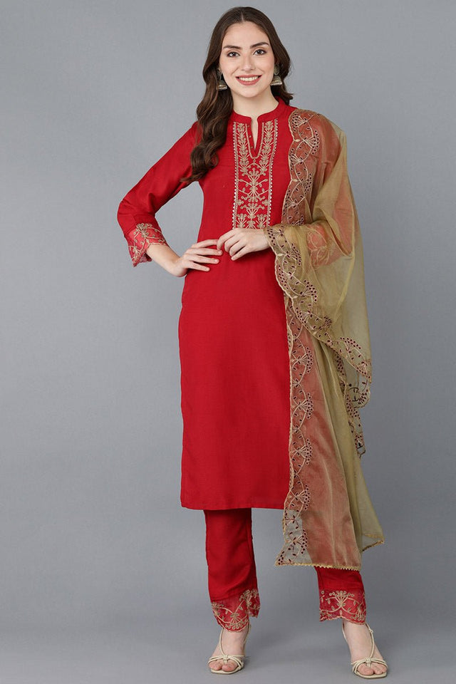 Red Poly Silk Solid Embroidered Straight Suit Set