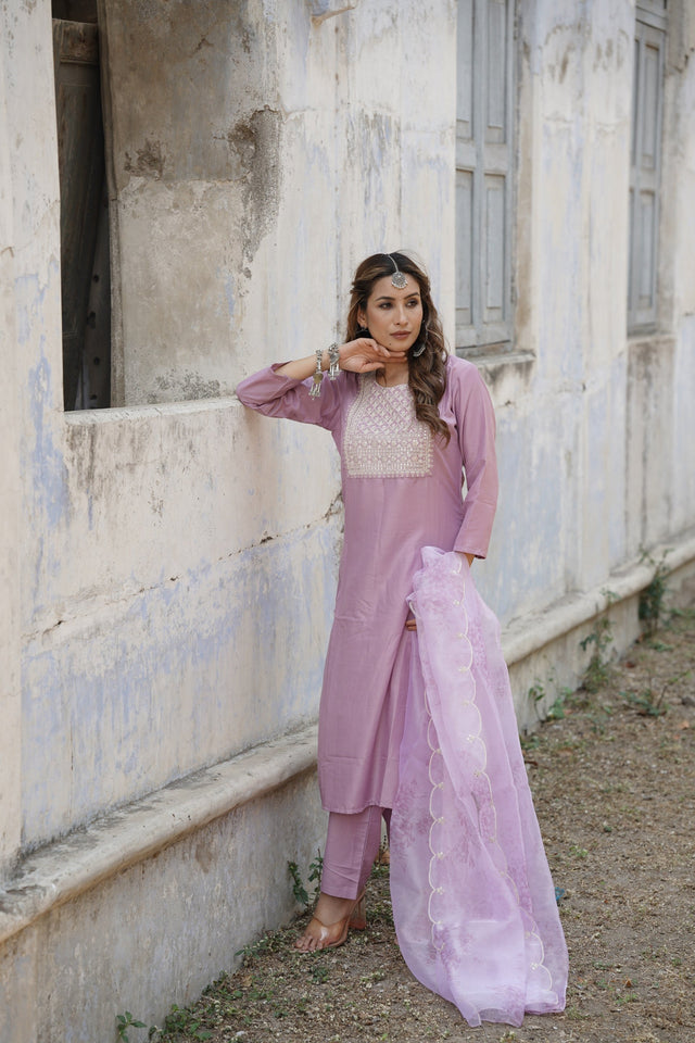 Lavender Poly Silk Straight Kurti Pant With Dupatta