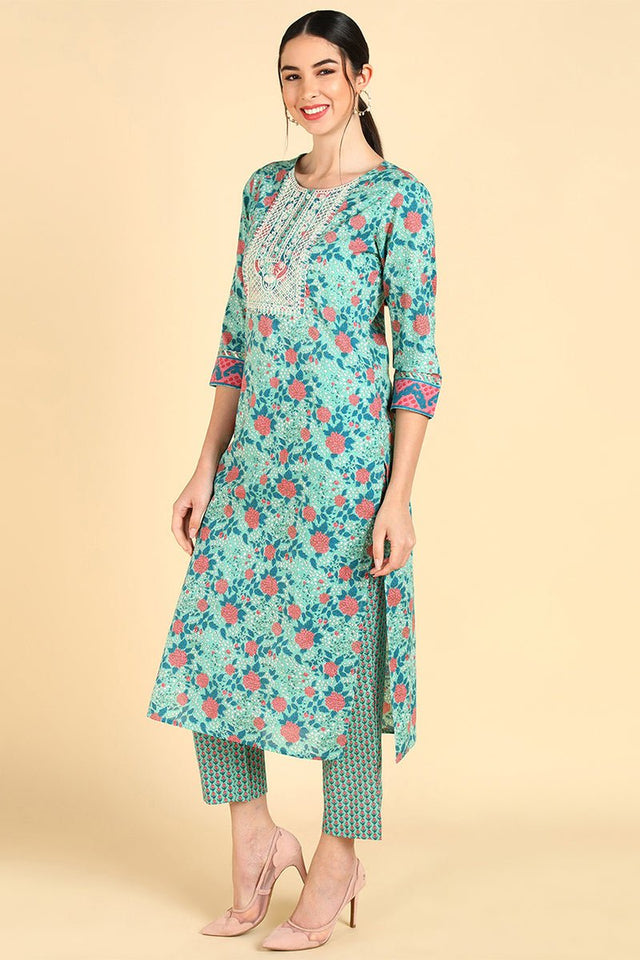 Sea Green Cotton Straight Kurti Pant With Dupatta Set