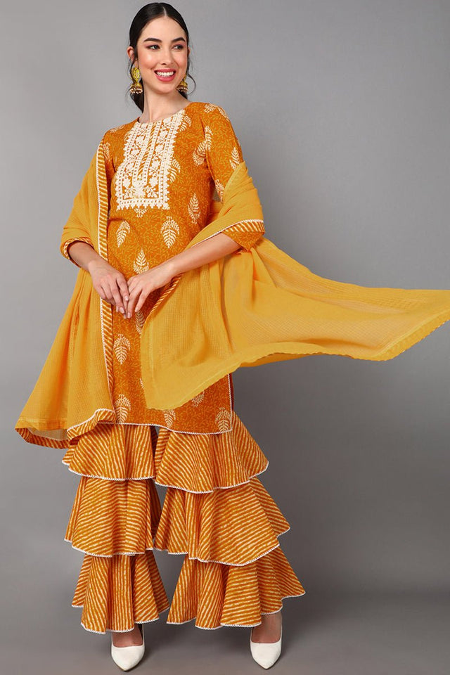Mustard Cotton A-Line Kurta Sharara With Dupatta Set