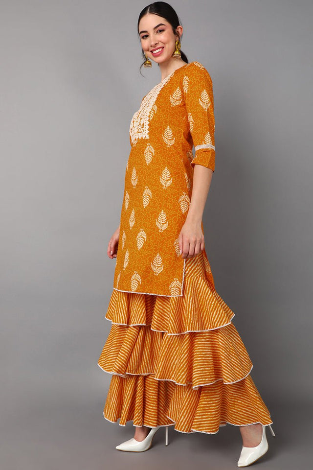Mustard Cotton A-Line Kurta Sharara With Dupatta Set