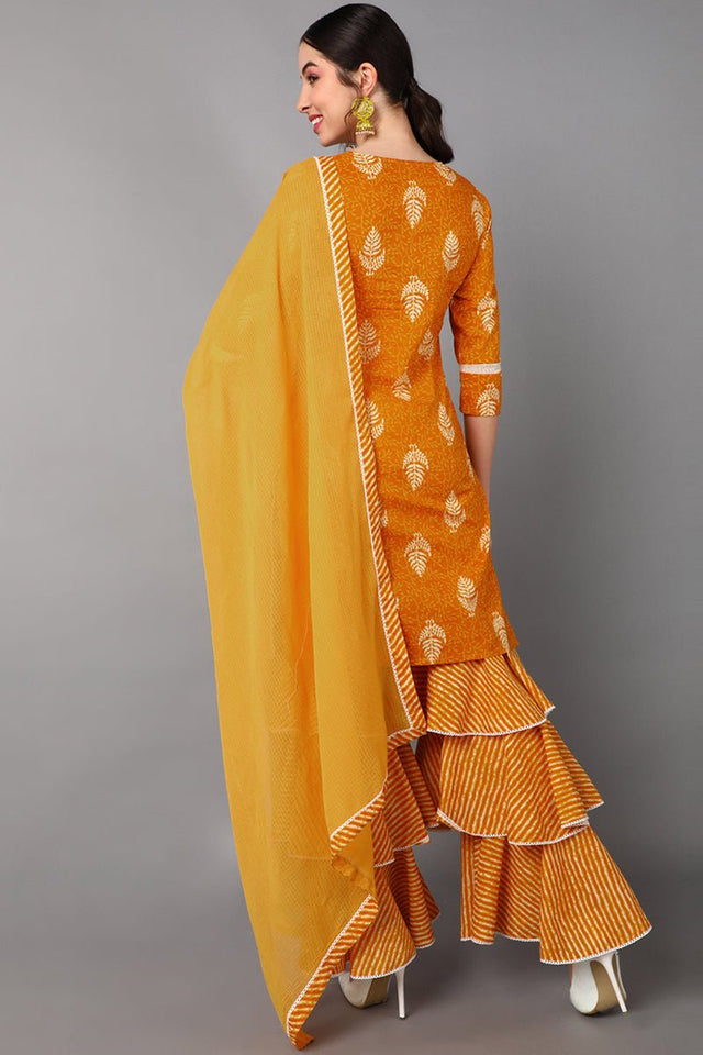 Mustard Cotton A-Line Kurta Sharara With Dupatta Set