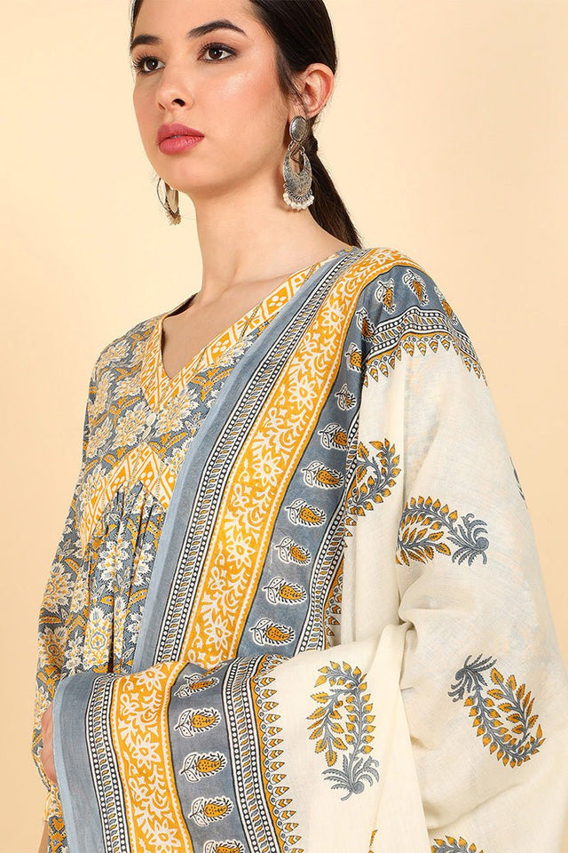 Yellow Cotton Flared Kurti Pant With Dupatta