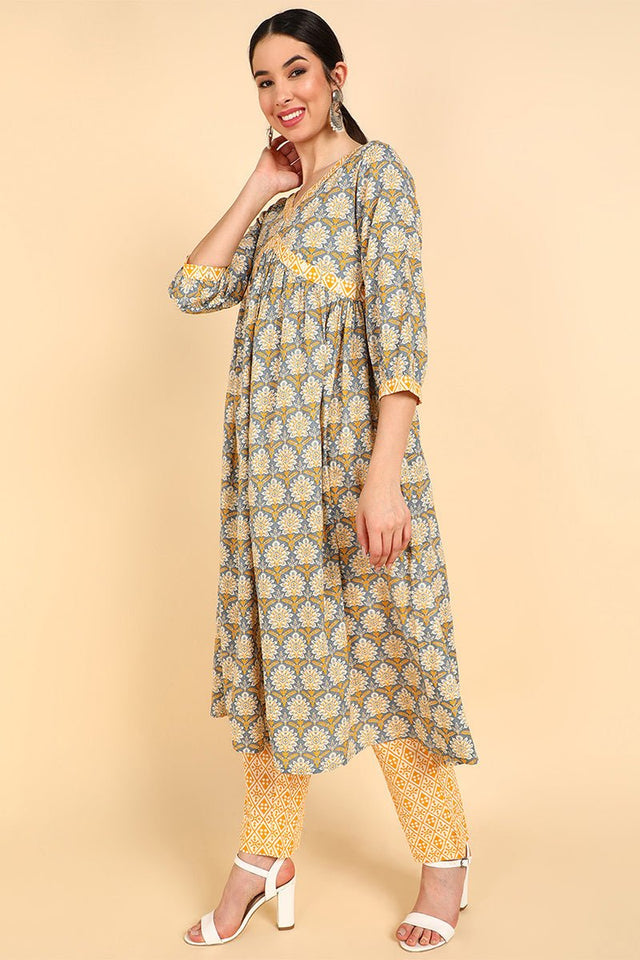 Yellow Cotton Flared Kurti Pant With Dupatta
