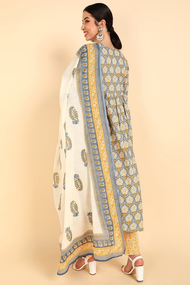 Yellow Cotton Flared Kurti Pant With Dupatta