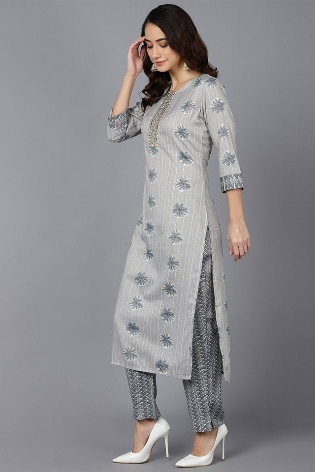 Grey Cotton Blend Straight Kurti Set