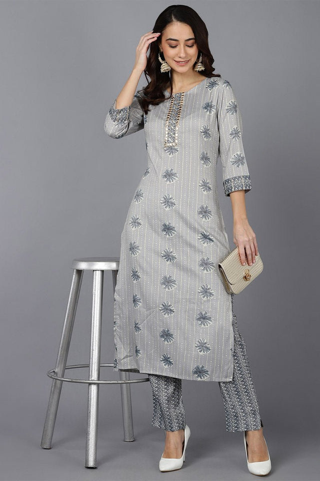 Grey Cotton Blend Straight Kurti Set