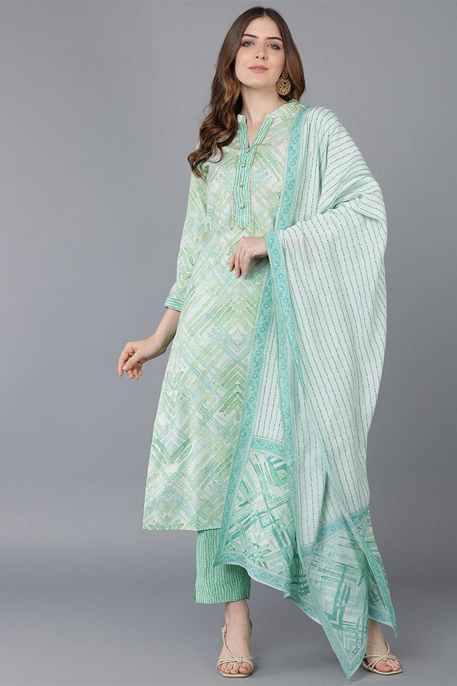 Green Poly Silk Kurti Pant With Dupatta