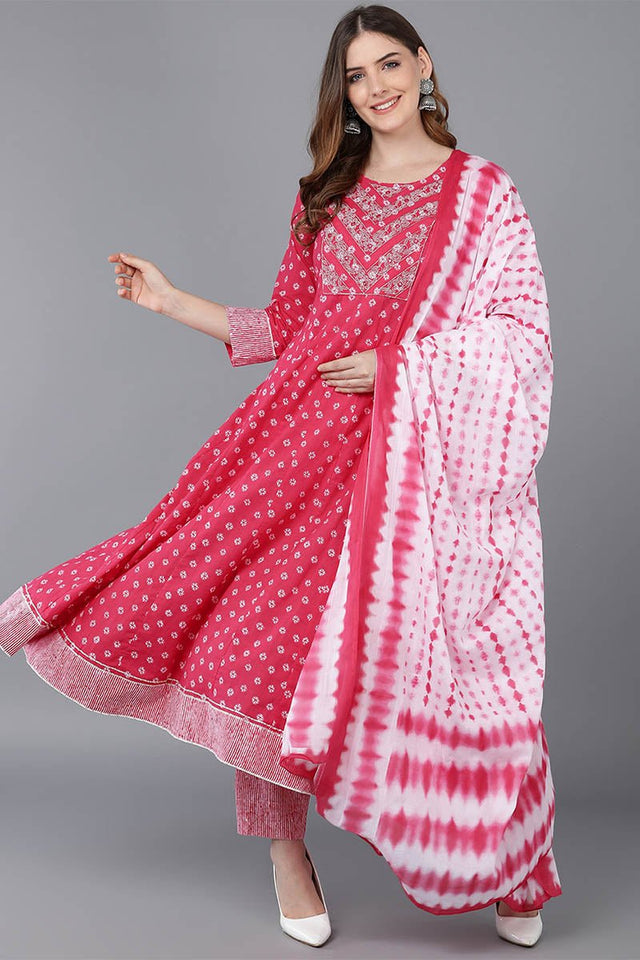 Pink Cotton Anarkali Suit Set
