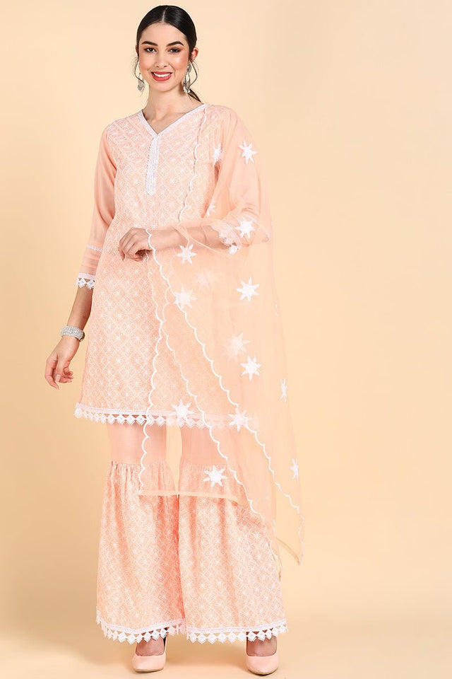 Peach Poly Silk Straight Sharara Suit Set
