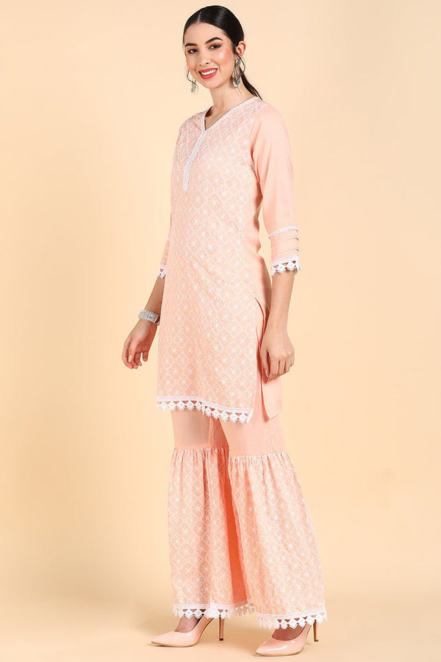 Peach Poly Silk Straight Sharara Suit Set