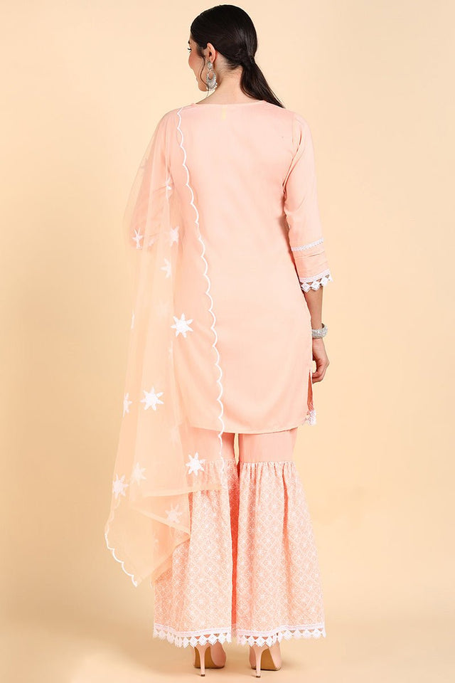 Peach Poly Silk Straight Sharara Suit Set