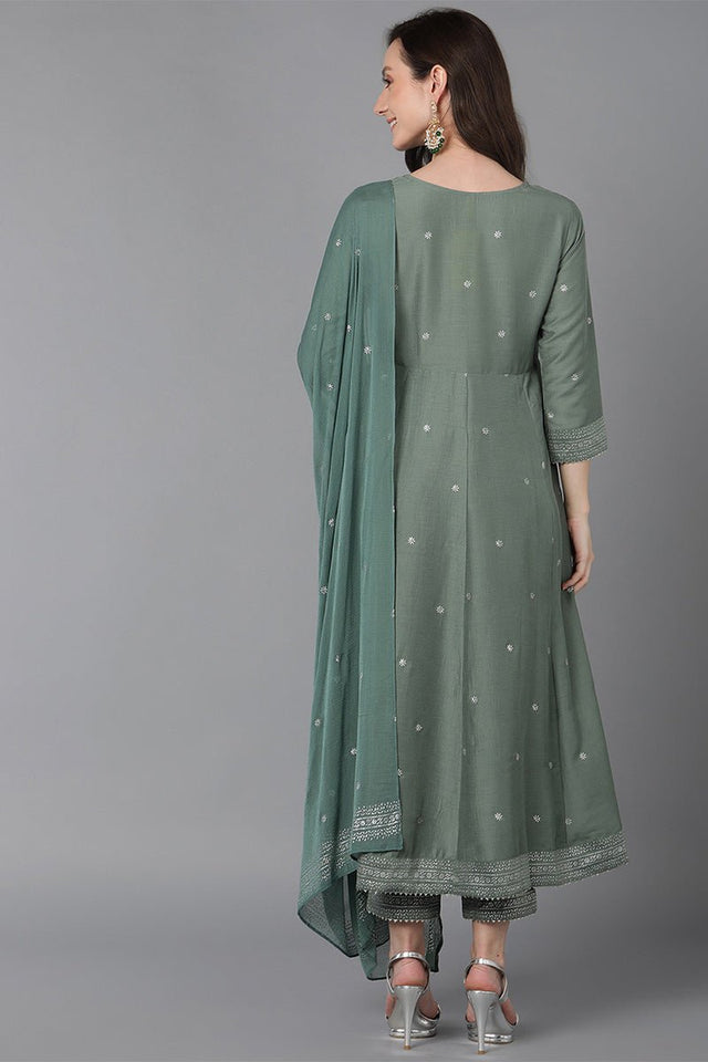 Teal Poly Silk Anarkali Kurta Pant With Dupatta