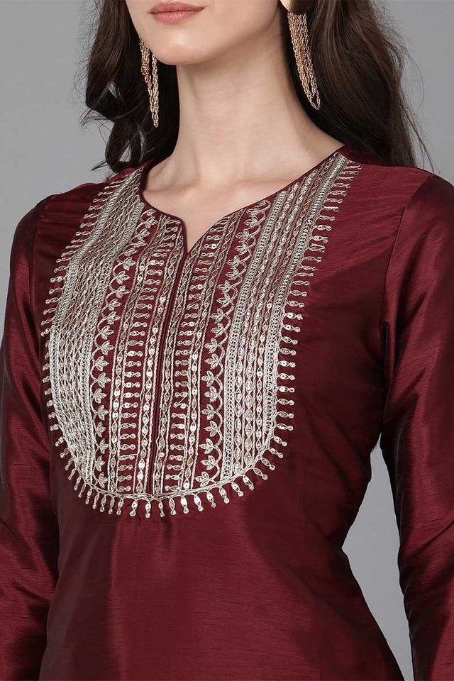 Maroon Poly Silk Solid Yoke Design Kurti Pant Set