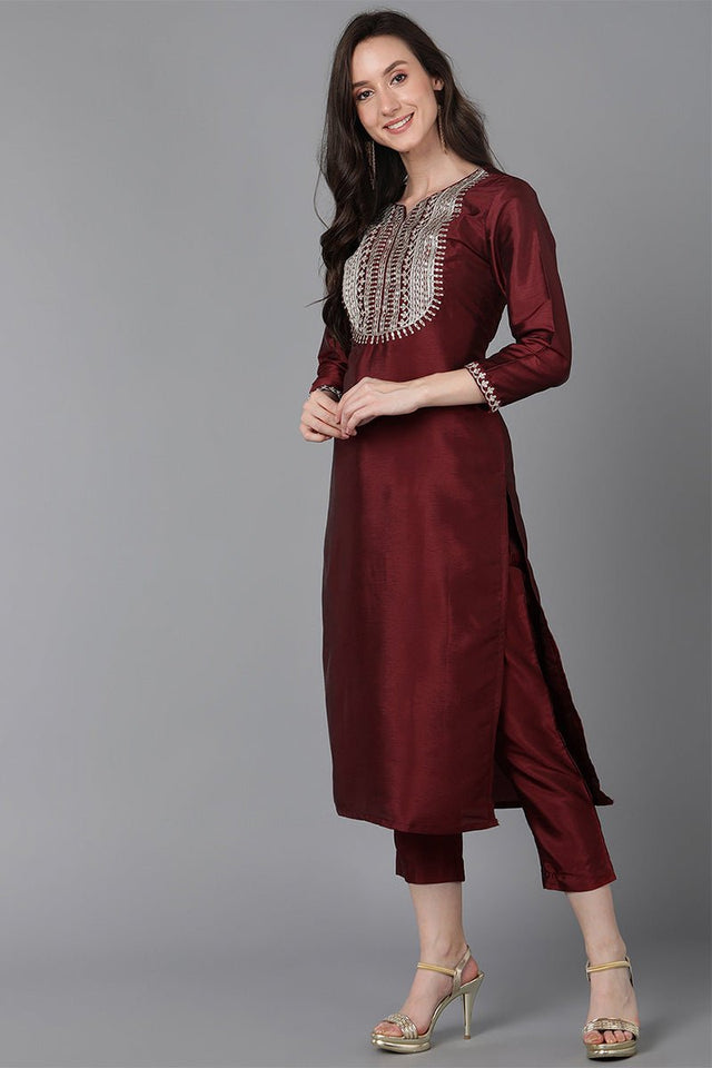 Maroon Poly Silk Solid Yoke Design Kurti Pant Set