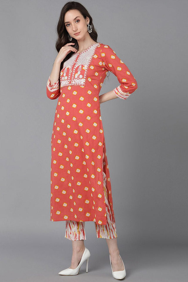 Orange Cotton Straight Kurti Pant With Dupatta