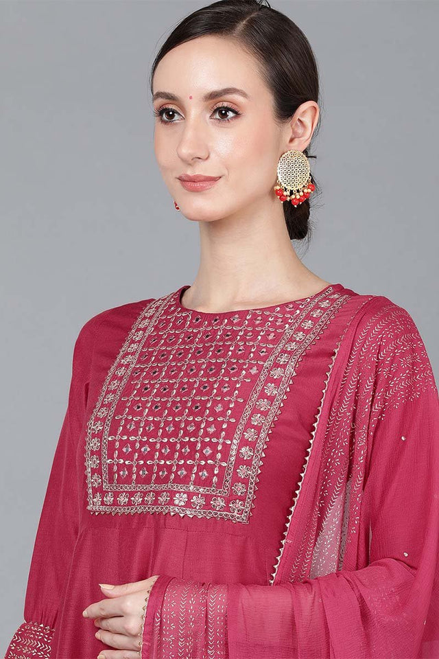 Rose Poly Silk Solid Yoke Design Kurti Pant Set