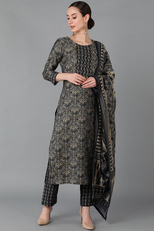 Black Silk Blend Straight Kurti Pant With Dupatta