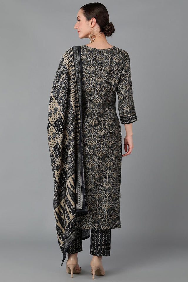 Black Silk Blend Straight Kurti Pant With Dupatta