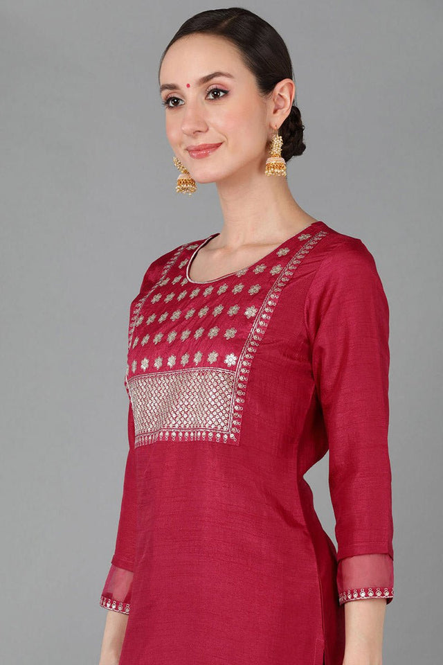 Fuchsia Poly Silk Straight Kurti Pant With Dupatta