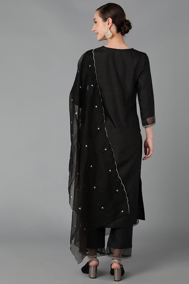 Black Poly Silk Straight Suit Set