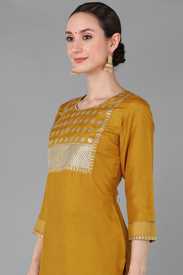 Mustard Poly Silk Straight Suit Set