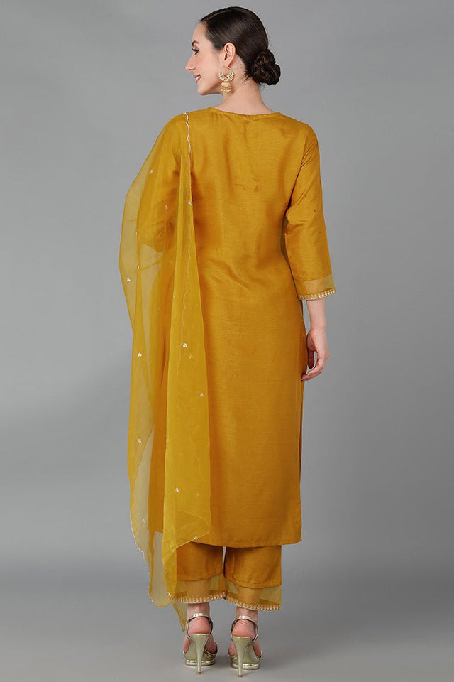 Mustard Poly Silk Straight Suit Set