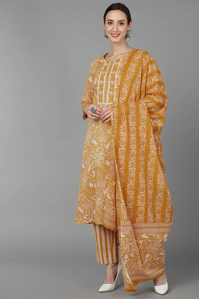 Mustard Cotton Printed Kurti Pant Set