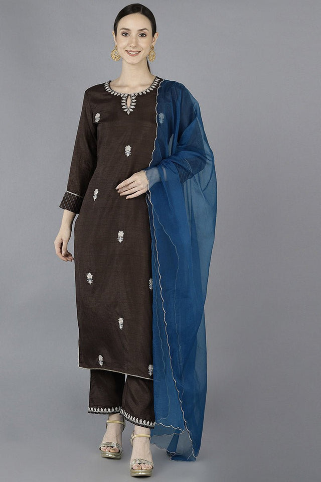Grey Silk Blend Embroidered Kurti