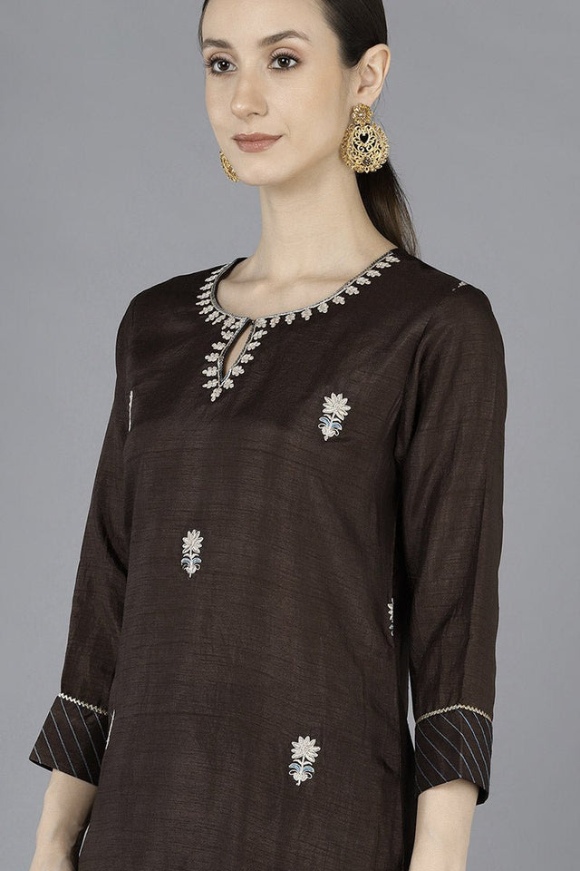 Grey Silk Blend Embroidered Kurti