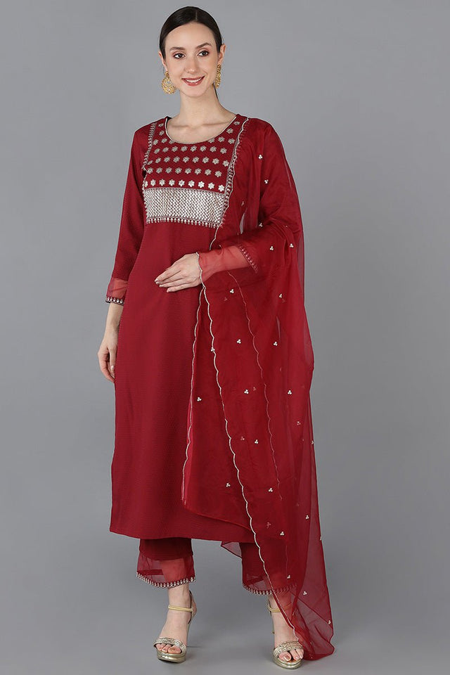 Red Poly Silk Yoke Design Kurti Set