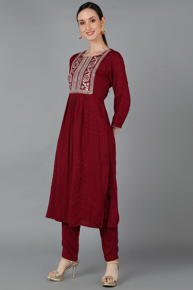 Maroon Silk Blend Yoke Design Solid Straight Kurti Set