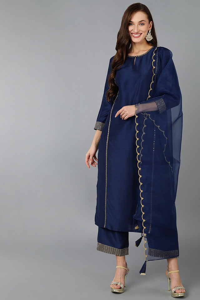Navy Blue Silk Blend Solid Straight Kurti Pant Set
