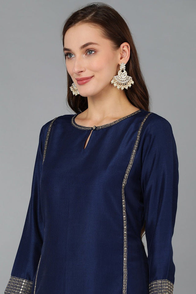 Navy Blue Silk Blend Solid Straight Kurti Pant Set