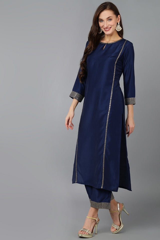 Navy Blue Silk Blend Solid Straight Kurti Pant Set