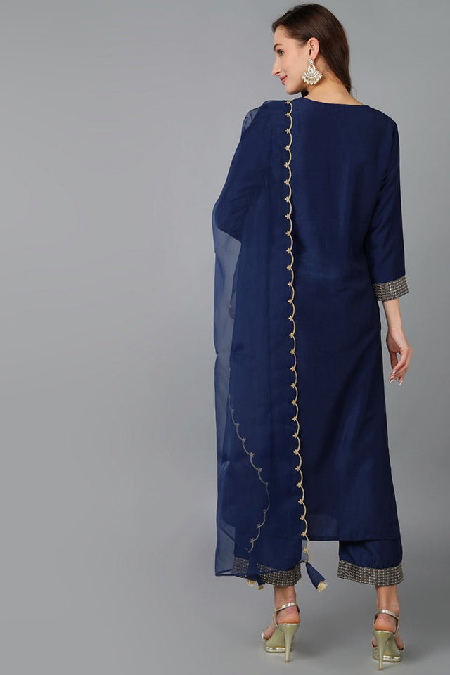 Navy Blue Silk Blend Solid Straight Kurti Pant Set