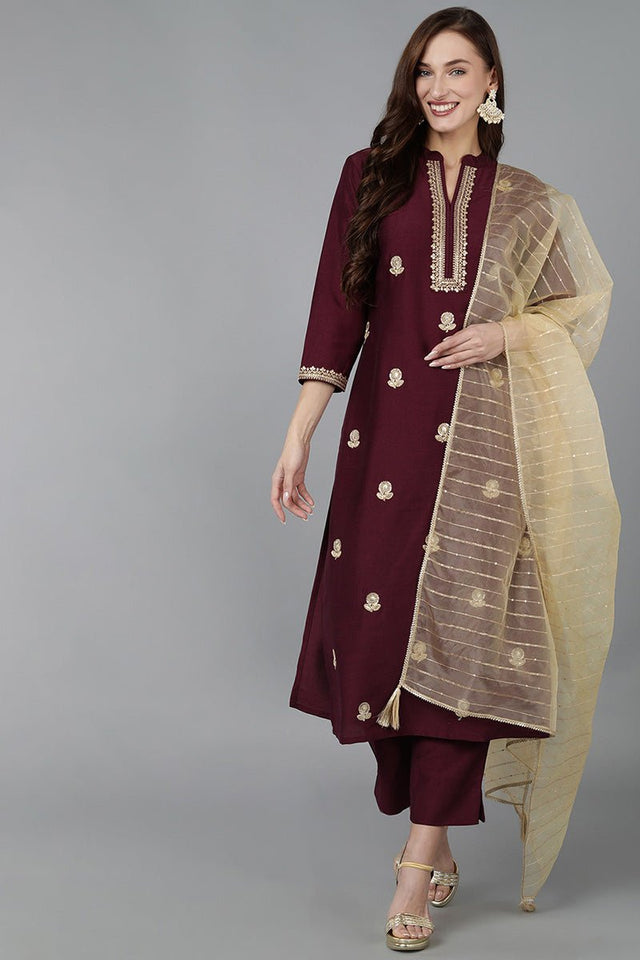 Maroon Silk Blend Solid Straight Kurti Pant Set