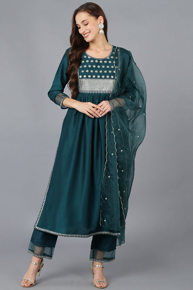 Teal Silk Blend Solid A-Line Kurti Pant Set