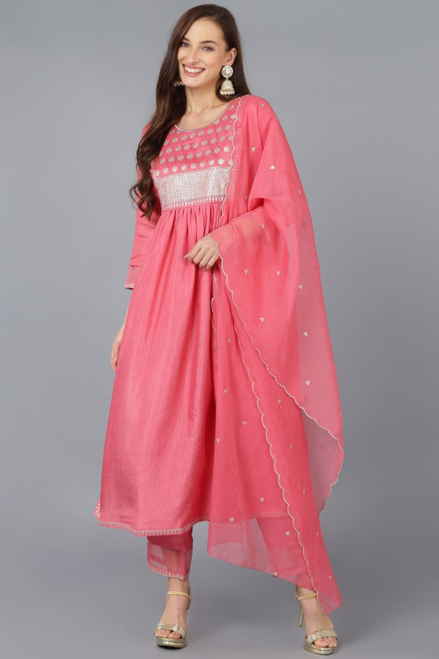 Coral Silk Blend Solid Straight Kurti Pant Set