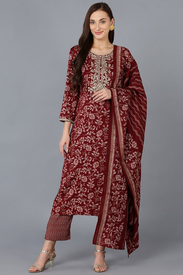 Maroon Silk Blend Floral Straight Kurti Pant Set