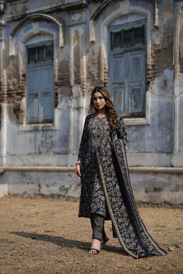 Navy Blue Silk Blend Floral Straight Kurti Pant Set